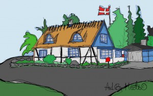 Kunstnerhuset. Husportræt af mit eget hus i Skibinge ved Præstø. Tegning Merete Helbech Hansen