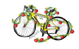 Team Rynkeby Nordsjælland 's Bianchi cykel blev også pyntet fint til jul. Illustration Merete Helbech Hansen