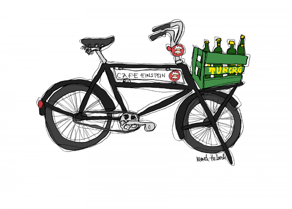 merete helbech_cafe einstein_budcykel_cykel med lad_illustration-cykel_